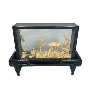 Chinese Cork Carving Diorama Vintage 1950s Laquer Shadowbox Asian Garden 6 Inch